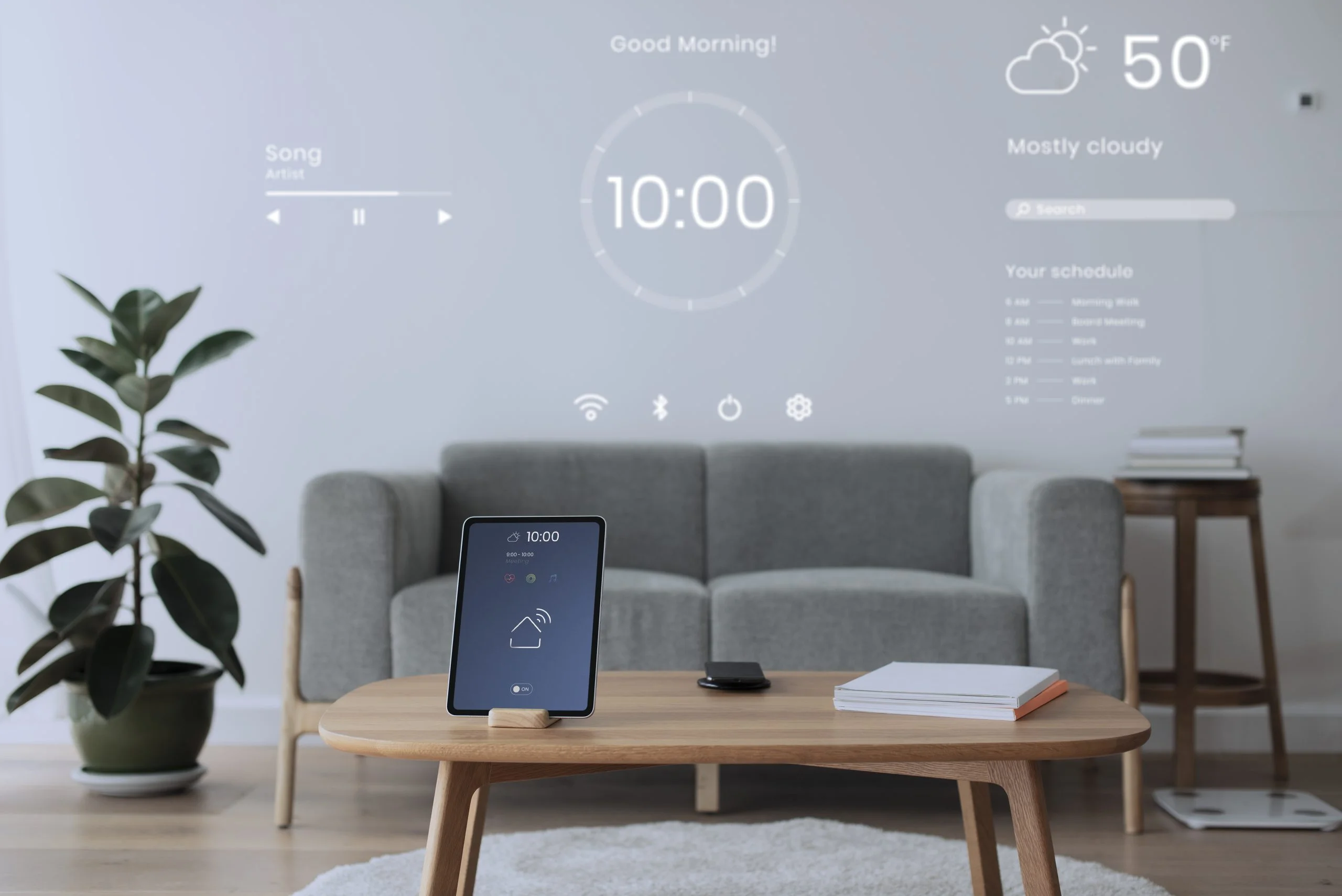 Digital tablet screen with smart home controller on a wooden tab